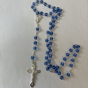Blue Glass Round Bead Catholic Rosary Crucifix Silver tone